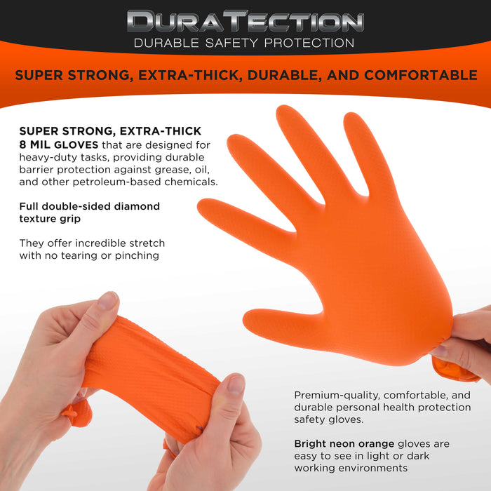Duratection 8 Mil Orange Super Duty Diamond Textured Nitrile Disposable Gloves, Box of 100, Medium - Latex Free, Powder Free, Food Safe, Safety Protection Work Gloves