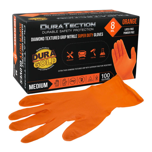 Duratection 8 Mil Orange Super Duty Diamond Textured Nitrile Disposable Gloves, Box of 100, Medium - Latex Free, Powder Free, Food Safe, Safety Protection Work Gloves