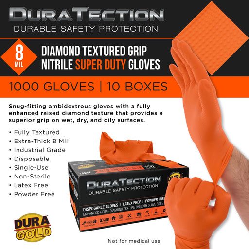 Duratection 8 Mil Orange Super Duty Diamond Textured Nitrile Disposable Gloves, 10 Boxes of 100, Large - Latex Free, Powder Free, Food Safe, Safety Protection