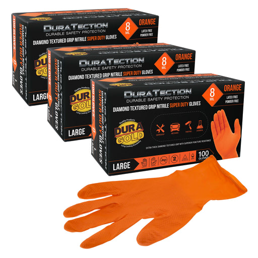 Duratection 8 Mil Orange Super Duty Diamond Textured Nitrile Disposable Gloves, 3 Boxes of 100, Large - Latex Free, Powder Free, Food Safe, Safety Protection