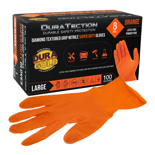 Duratection 8 Mil Orange Super Duty Diamond Textured Nitrile Disposable Gloves, Box of 100, Large - Latex Free, Powder Free, Food Safe, Safety Protection Work Gloves