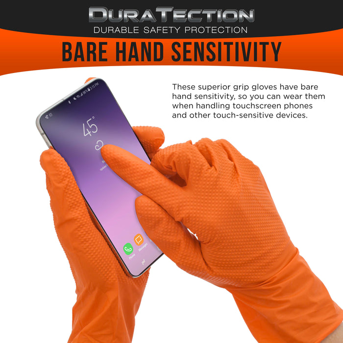 Duratection 8 Mil Orange Super Duty Diamond Textured Nitrile Disposable Gloves, Box of 100, Large - Latex Free, Powder Free, Food Safe, Safety Protection Work Gloves