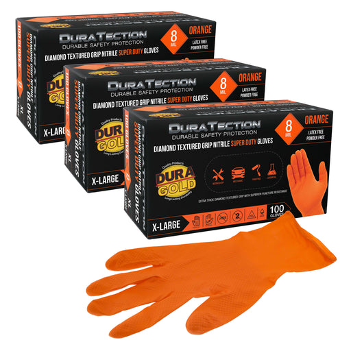 Duratection 8 Mil Orange Super Duty Diamond Textured Nitrile Disposable Gloves, 3 Boxes of 100, X-Large - Latex Free, Powder Free, Food Safe, Safety Protection Work Gloves