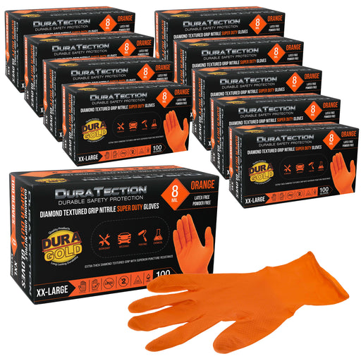 Duratection 8 Mil Orange Super Duty Diamond Textured Nitrile Disposable Gloves, 10 Boxes of 100, XX-Large - Latex Free, Powder Free, Food Safe, Safety Protection Work Gloves