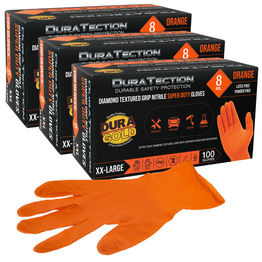 Duratection 8 Mil Orange Super Duty Diamond Textured Nitrile Disposable Gloves, 3 Boxes of 100, XX-Large - Latex Free, Powder Free, Food Safe, Safety Protection Work Gloves