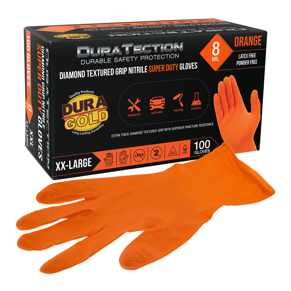 Duratection 8 Mil Orange Super Duty Diamond Textured Nitrile Disposable Gloves, Box of 100, XX-Large - Latex Free, Powder Free, Food Safe, Safety Protection Work Gloves