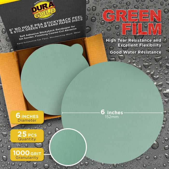 1000 Grit - 6" Green Film - PSA Self Adhesive Stickyback Sanding Discs for DA Sanders - Box of 25
