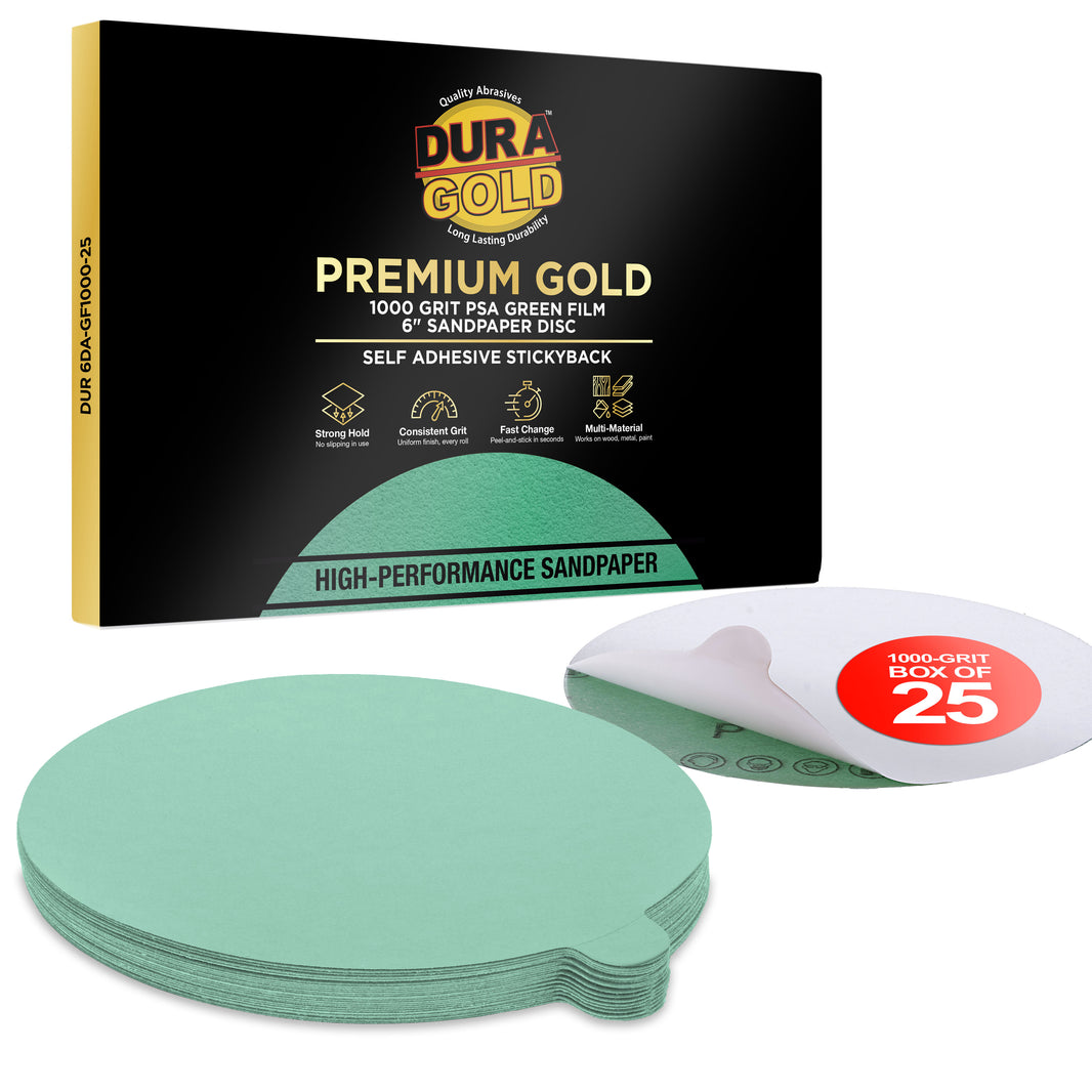 1000 Grit - 6" Green Film - PSA Self Adhesive Stickyback Sanding Discs for DA Sanders - Box of 25