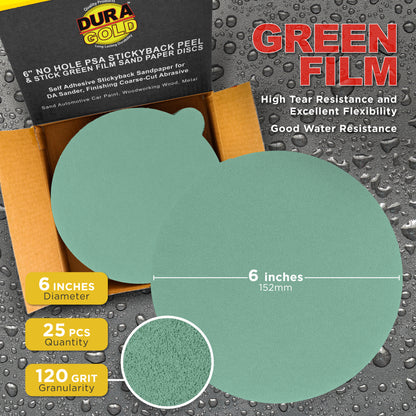 120 Grit - 6" Green Film - PSA Self Adhesive Stickyback Sanding Discs for DA Sanders - Box of 25