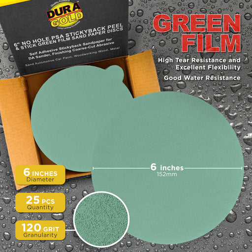 120 Grit - 6" Green Film - PSA Self Adhesive Stickyback Sanding Discs for DA Sanders - Box of 25