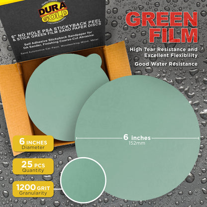 1200 Grit - 6" Green Film - PSA Self Adhesive Stickyback Sanding Discs for DA Sanders - Box of 25