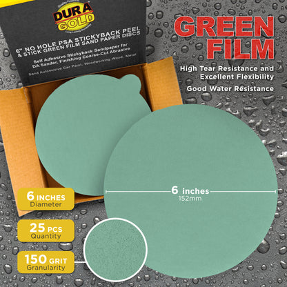 150 Grit - 6" Green Film - PSA Self Adhesive Stickyback Sanding Discs for DA Sanders - Box of 25