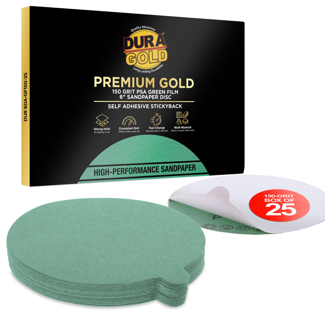 150 Grit - 6" Green Film - PSA Self Adhesive Stickyback Sanding Discs for DA Sanders - Box of 25