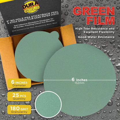 180 Grit - 6" Green Film - PSA Self Adhesive Stickyback Sanding Discs for DA Sanders - Box of 25