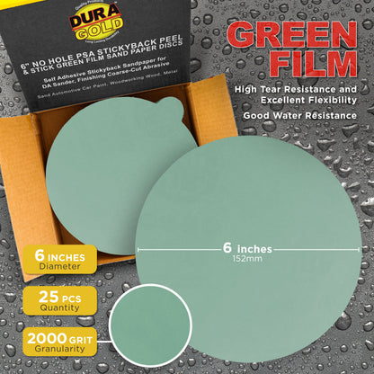 2000 Grit - 6" Green Film - PSA Self Adhesive Stickyback Sanding Discs for DA Sanders - Box of 25