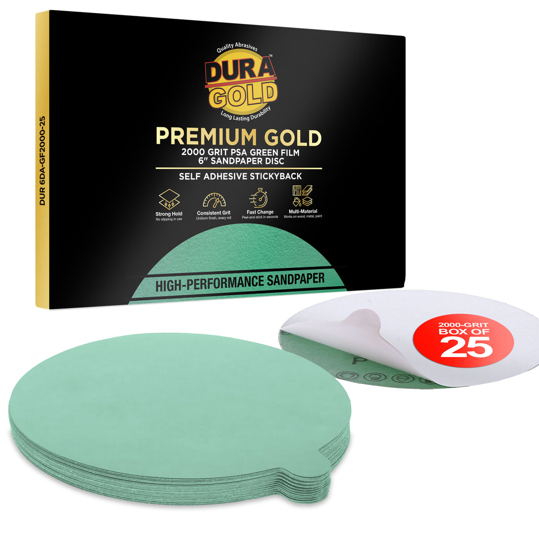 2000 Grit - 6" Green Film - PSA Self Adhesive Stickyback Sanding Discs for DA Sanders - Box of 25
