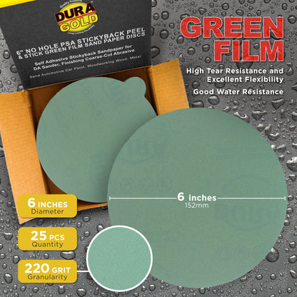 220 Grit - 6" Green Film - PSA Self Adhesive Stickyback Sanding Discs for DA Sanders - Box of 25
