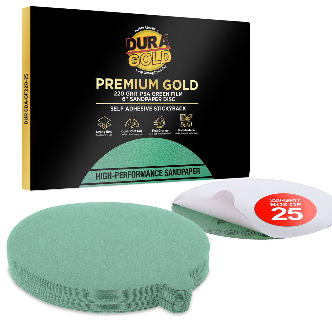 220 Grit - 6" Green Film - PSA Self Adhesive Stickyback Sanding Discs for DA Sanders - Box of 25