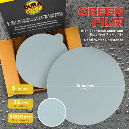 3000 Grit - 6" Green Film - PSA Self Adhesive Stickyback Sanding Discs for DA Sanders - Box of 25