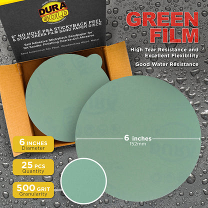500 Grit - 6" Green Film - PSA Self Adhesive Stickyback Sanding Discs for DA Sanders - Box of 25