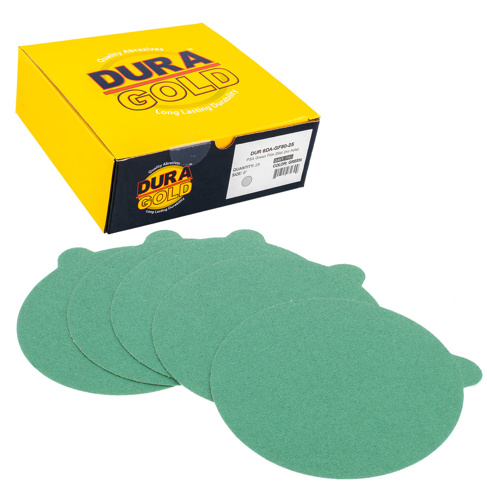 80 Grit - 6" Green Film - PSA Self Adhesive Stickyback Sanding Discs for DA Sanders - Box of 25
