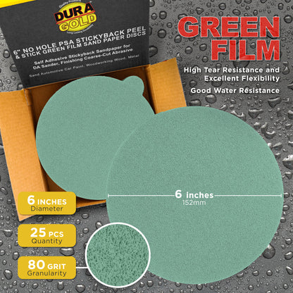 80 Grit - 6" Green Film - PSA Self Adhesive Stickyback Sanding Discs for DA Sanders - Box of 25