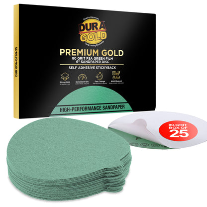 80 Grit - 6" Green Film - PSA Self Adhesive Stickyback Sanding Discs for DA Sanders - Box of 25