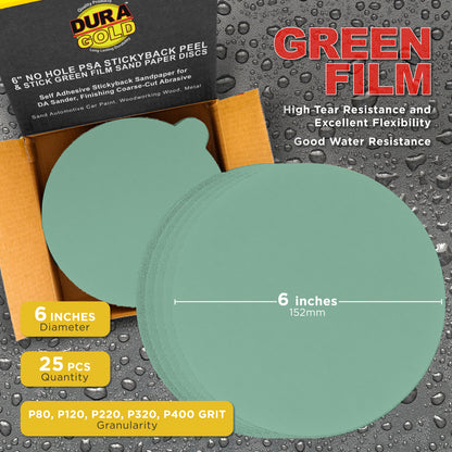 Variety Grit Pack - 6" Green Film - PSA Self Adhesive Stickyback Sanding Discs 5 of each grit (80, 120, 220, 320, 400) - Box of 25