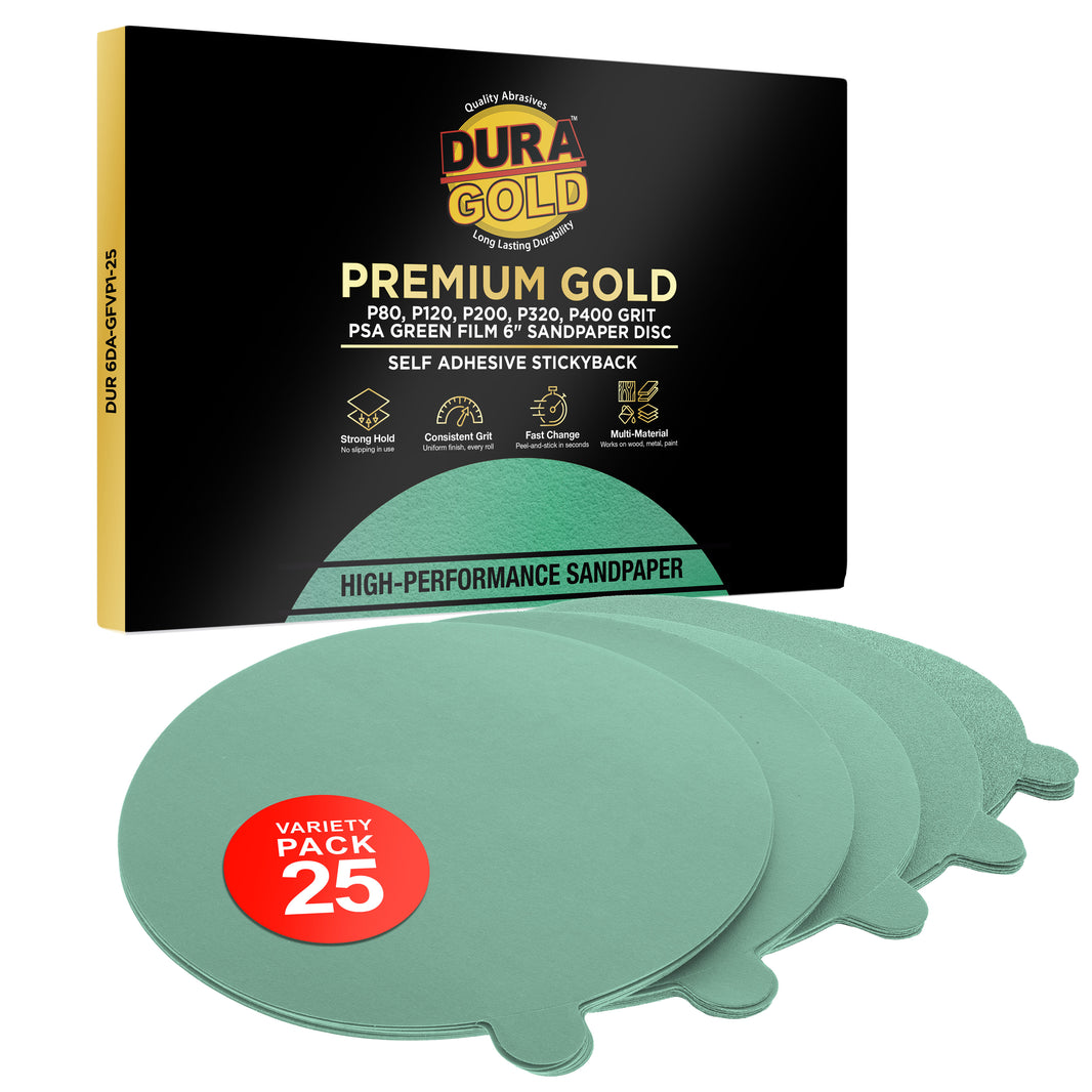 Variety Grit Pack - 6" Green Film - PSA Self Adhesive Stickyback Sanding Discs 5 of each grit (80, 120, 220, 320, 400) - Box of 25