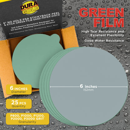 Variety Grit Pack Ultra Fine - 6" Green Film - PSA Self Adhesive Stickyback Sanding Discs 5 of each grit (800, 1000, 1500, 3000) - Box of 25