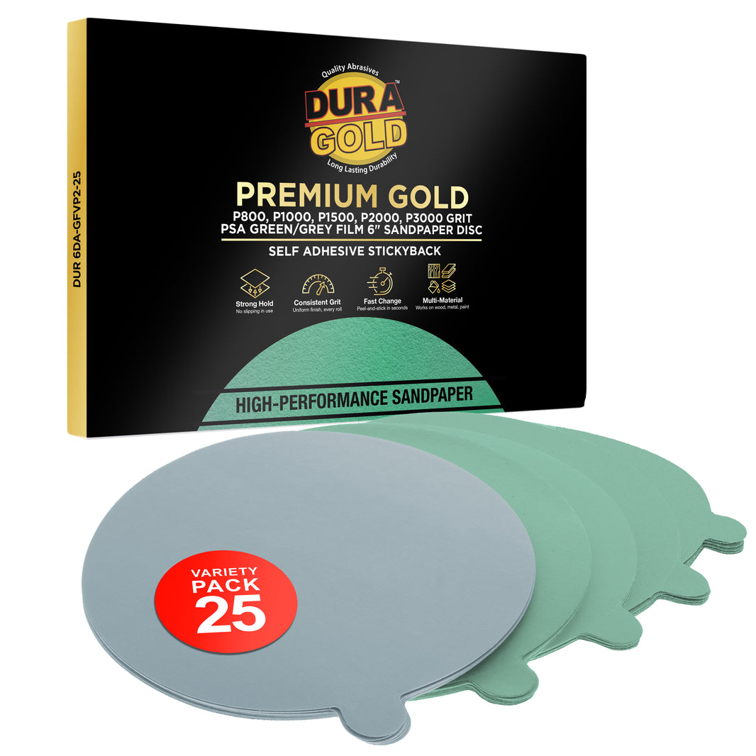 Variety Grit Pack Ultra Fine - 6" Green Film - PSA Self Adhesive Stickyback Sanding Discs 5 of each grit (800, 1000, 1500, 3000) - Box of 25