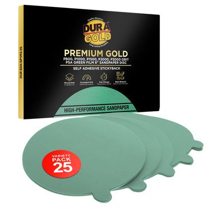 Variety Grit Pack Ultra Fine - 6" Green Film - PSA Self Adhesive Stickyback Sanding Discs 5 of each grit (800, 1000, 1500, 3000) - Box of 25
