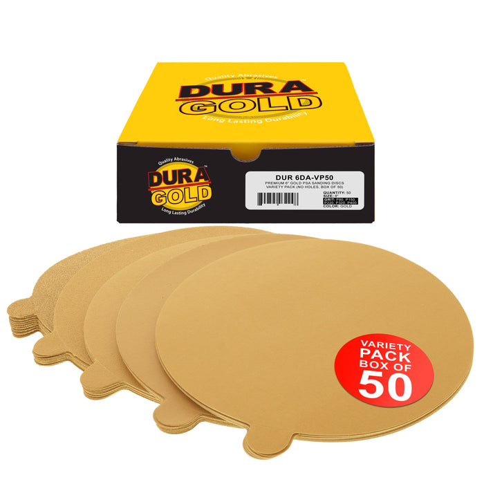 Variety Grit Pack - 6" Gold PSA Self Adhesive Stickyback Sanding Discs for DA Sanders -10 of each Grit (80, 150, 220, 320, 400) Box of 50