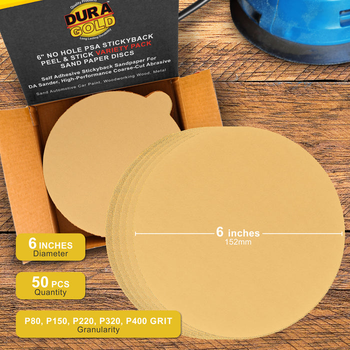 Variety Grit Pack - 6" Gold PSA Self Adhesive Stickyback Sanding Discs for DA Sanders -10 of each Grit (80, 150, 220, 320, 400) Box of 50