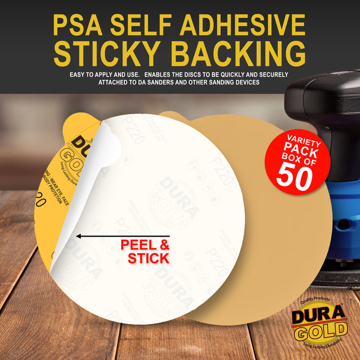 Variety Grit Pack - 6" Gold PSA Self Adhesive Stickyback Sanding Discs for DA Sanders -10 of each Grit (80, 150, 220, 320, 400) Box of 50