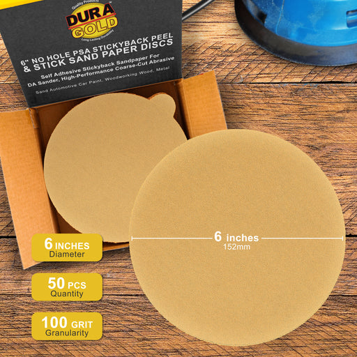 100 Grit - 6" Gold PSA Self Adhesive Stickyback Sanding Discs for DA Sanders - Box of 50