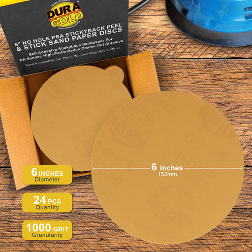 1000 Grit - 6" Gold PSA Self Adhesive Stickyback Sanding Discs for DA Sanders - Box of 24