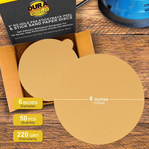 220 Grit - 6" Gold PSA Self Adhesive Stickyback Sanding Discs for DA Sanders - Box of 50