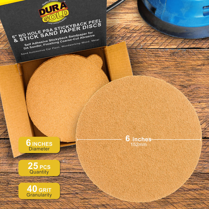 40 Grit - 6" Gold PSA Self Adhesive Stickyback Sanding Discs for DA Sanders - Box of 25