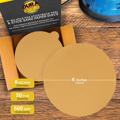 500 Grit - 6" Gold PSA Self Adhesive Stickyback Sanding Discs for DA Sanders - Box of 50