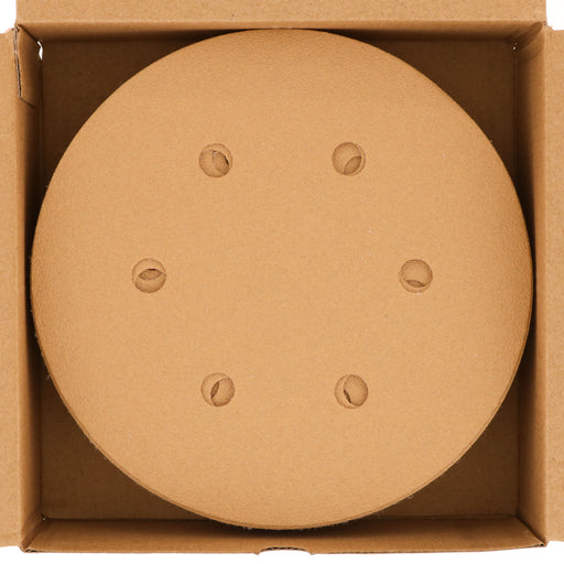 100 Grit - 6" Gold Hook & Loop 6-Hole Pattern Sanding Discs for DA Sanders - Box of 50