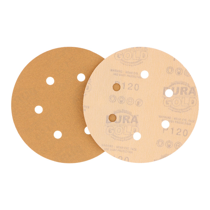 100 Grit - 6" Gold Hook & Loop 6-Hole Pattern Sanding Discs for DA Sanders - Box of 50