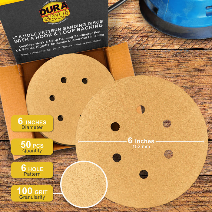 100 Grit - 6" Gold Hook & Loop 6-Hole Pattern Sanding Discs for DA Sanders - Box of 50