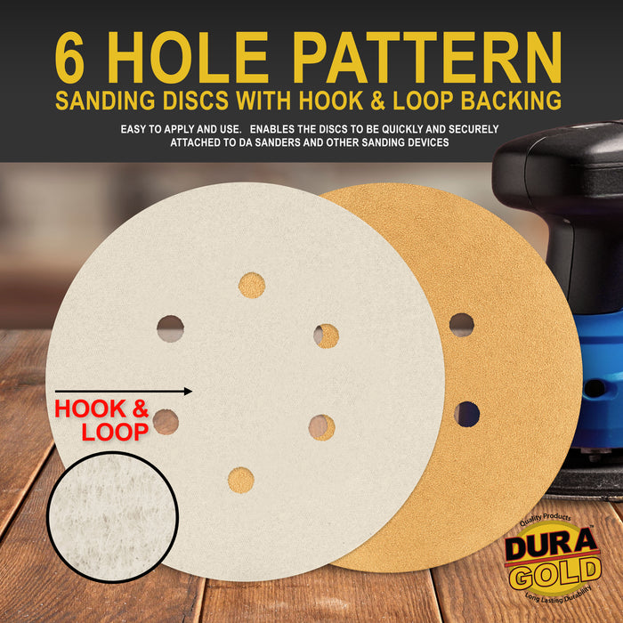 100 Grit - 6" Gold Hook & Loop 6-Hole Pattern Sanding Discs for DA Sanders - Box of 50
