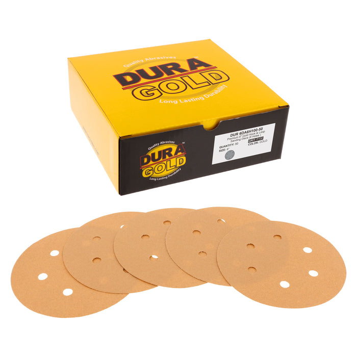 100 Grit - 6" Gold Hook & Loop 6-Hole Pattern Sanding Discs for DA Sanders - Box of 50