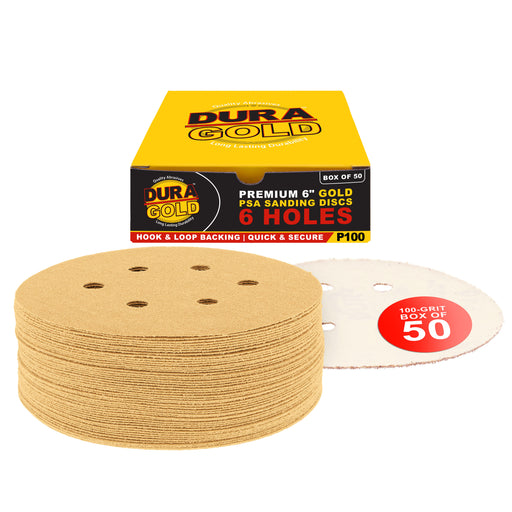 100 Grit - 6" Gold Hook & Loop 6-Hole Pattern Sanding Discs for DA Sanders - Box of 50
