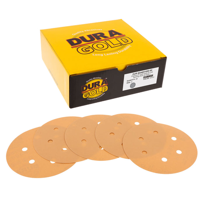 1000 Grit - 6" Gold Hook & Loop 6-Hole Pattern Sanding Discs for DA Sanders - Box of 50