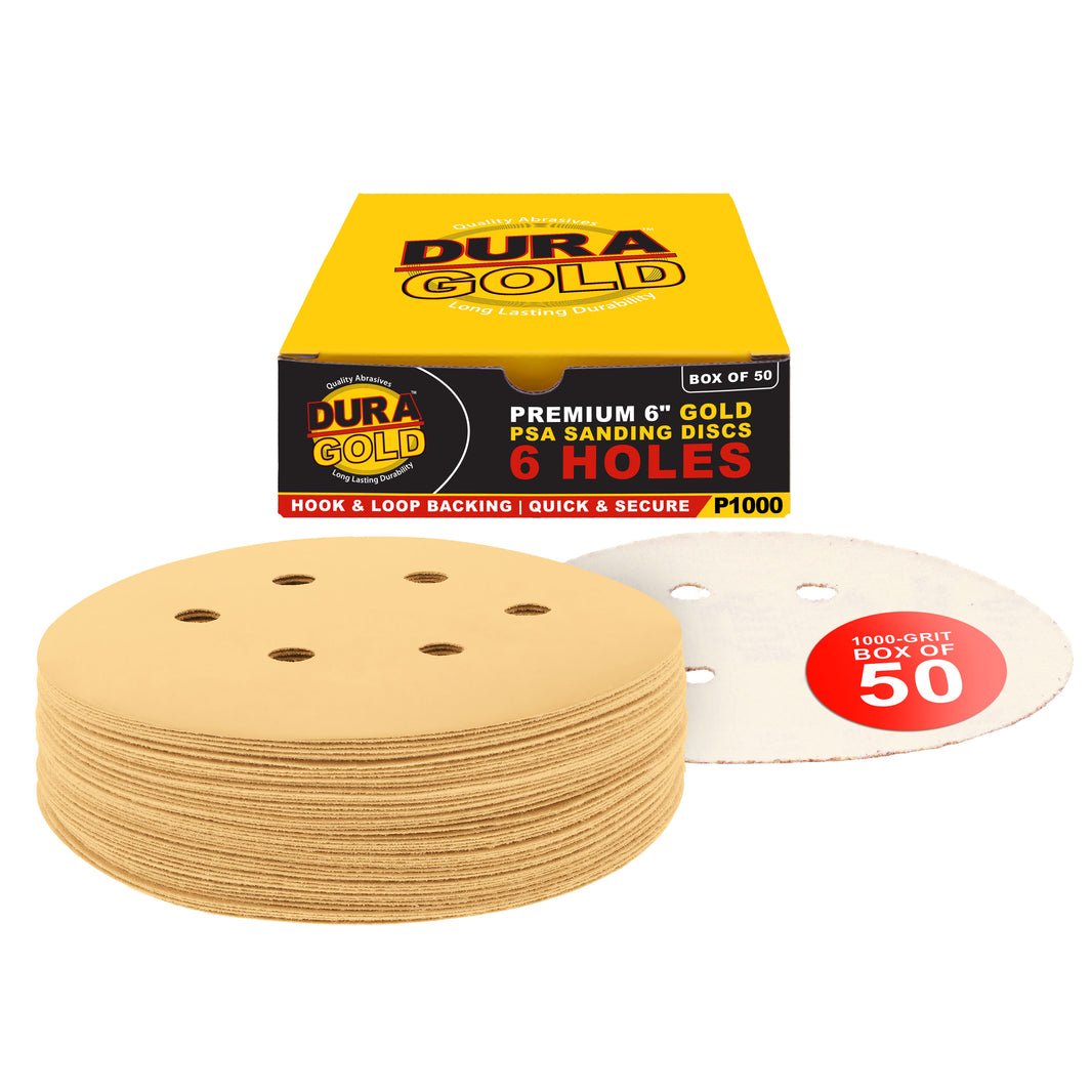 1000 Grit - 6" Gold Hook & Loop 6-Hole Pattern Sanding Discs for DA Sanders - Box of 50