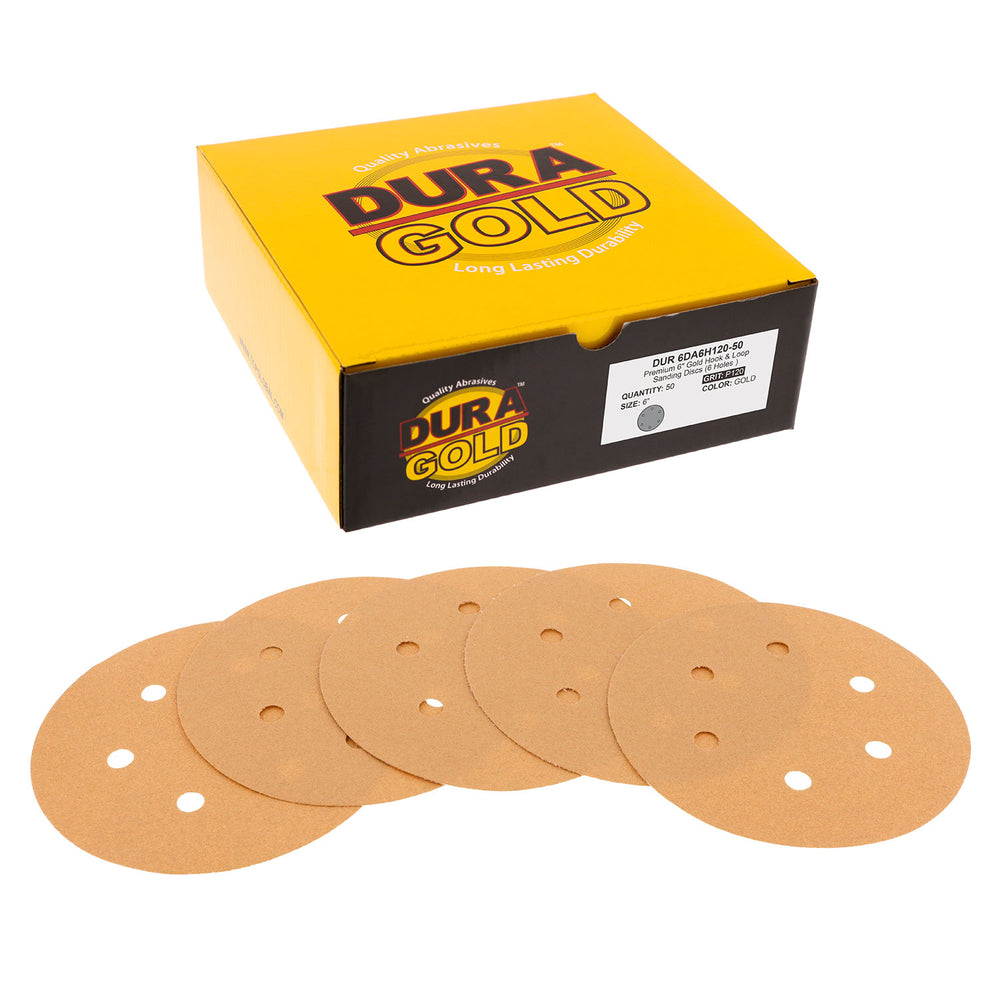 120 Grit - 6" Gold Hook & Loop 6-Hole Pattern Sanding Discs for DA Sanders - Box of 50