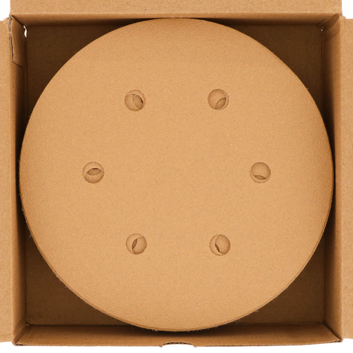 120 Grit - 6" Gold Hook & Loop 6-Hole Pattern Sanding Discs for DA Sanders - Box of 50